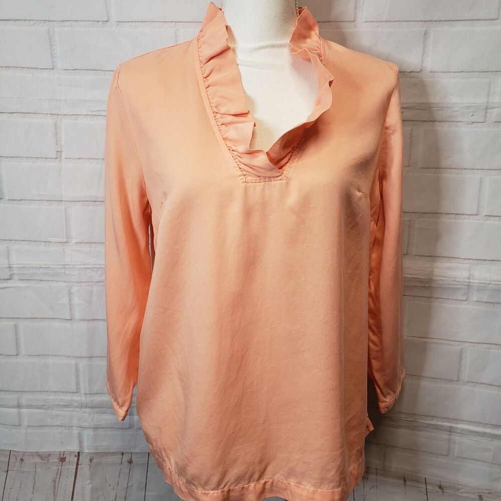 Crown & Ivy Women's Coral Orange Ruffle V-Neck 3/4 Sleeve Blouse Size M